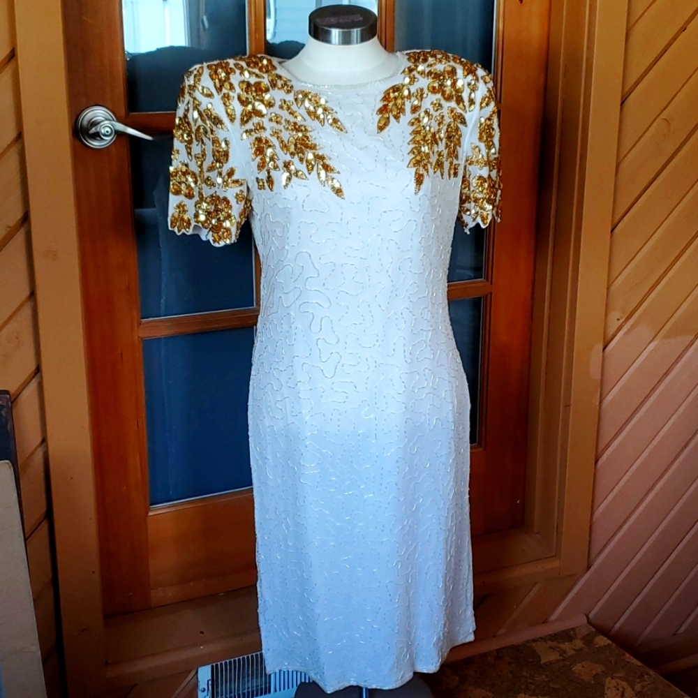 Vintage Jewel Queen Sparkle White & Gold Fancy Dress Original Tags Big Shoulders